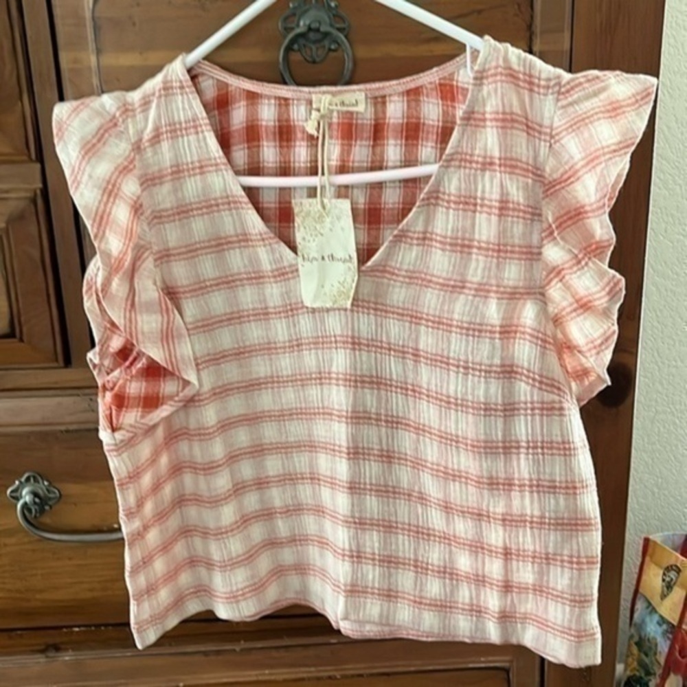 Hem And Thread Orange And Cream Plaid Crop Top Size Medium NWT